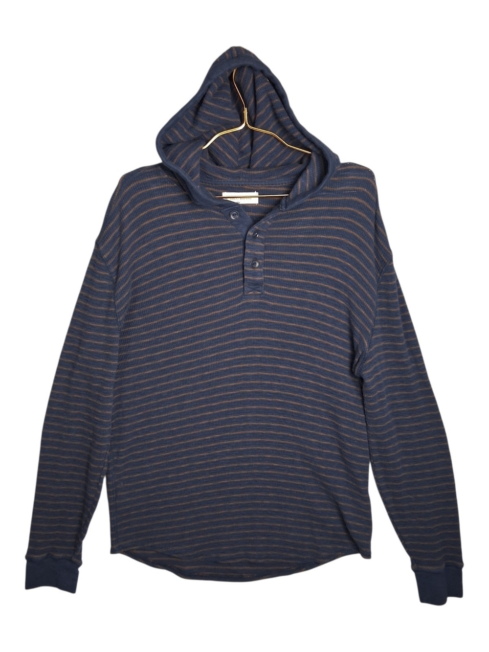 Lucky Brand Mens Large Thermal Henley Hoodie Striped Blue Brown Pullover Shirt L